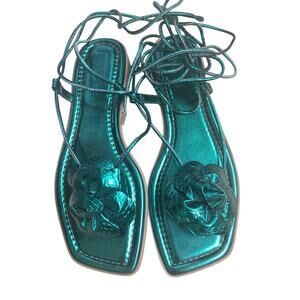 INC Green Metallic Lace Up Floral Thong Sandals Women's 8.5 Chrome Gladiator